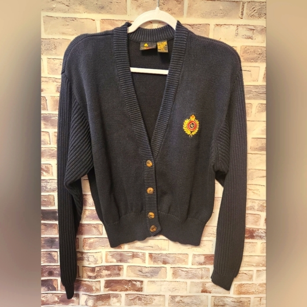 LIZ SPORT Vintage Navy Gold Crest Cardigan Sweater Size Medium Chunky (A17)